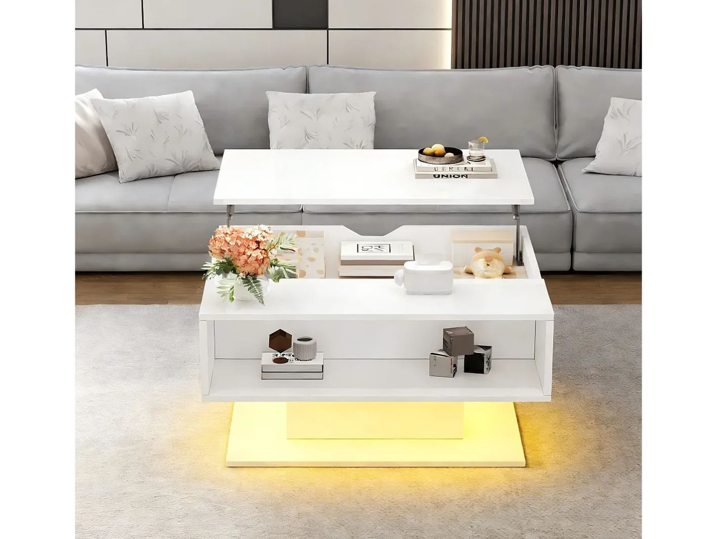 Mesa de centro ajustável em altura 80x77x40 cm - Design de alto brilho - Com iluminação LED - Armazenamento semiaberto -^ModernLuxe Discount