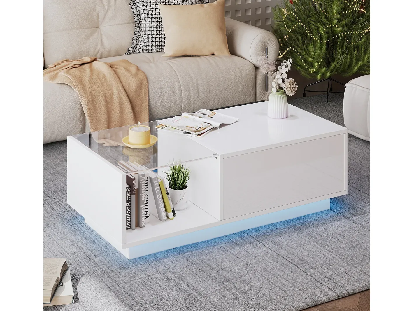 Mesa de centro alto brilho - altura ajustável - com armazenamento + prateleiras -^ModernLuxe Sale