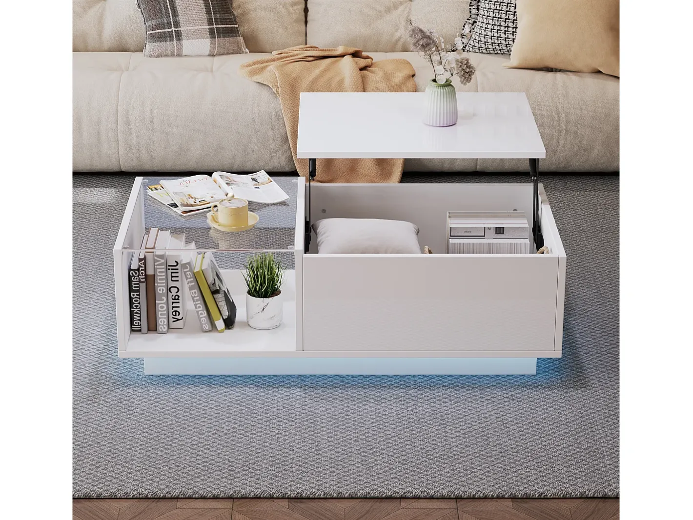 Mesa de centro alto brilho - altura ajustável - com armazenamento + prateleiras -^ModernLuxe Sale