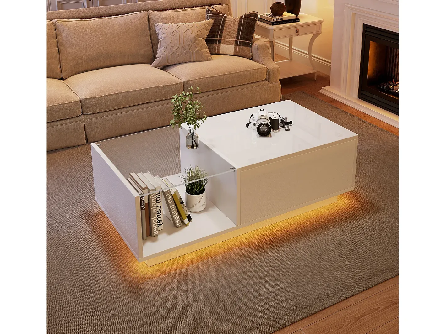 Mesa de centro alto brilho - altura ajustável - com armazenamento + prateleiras -^ModernLuxe Sale