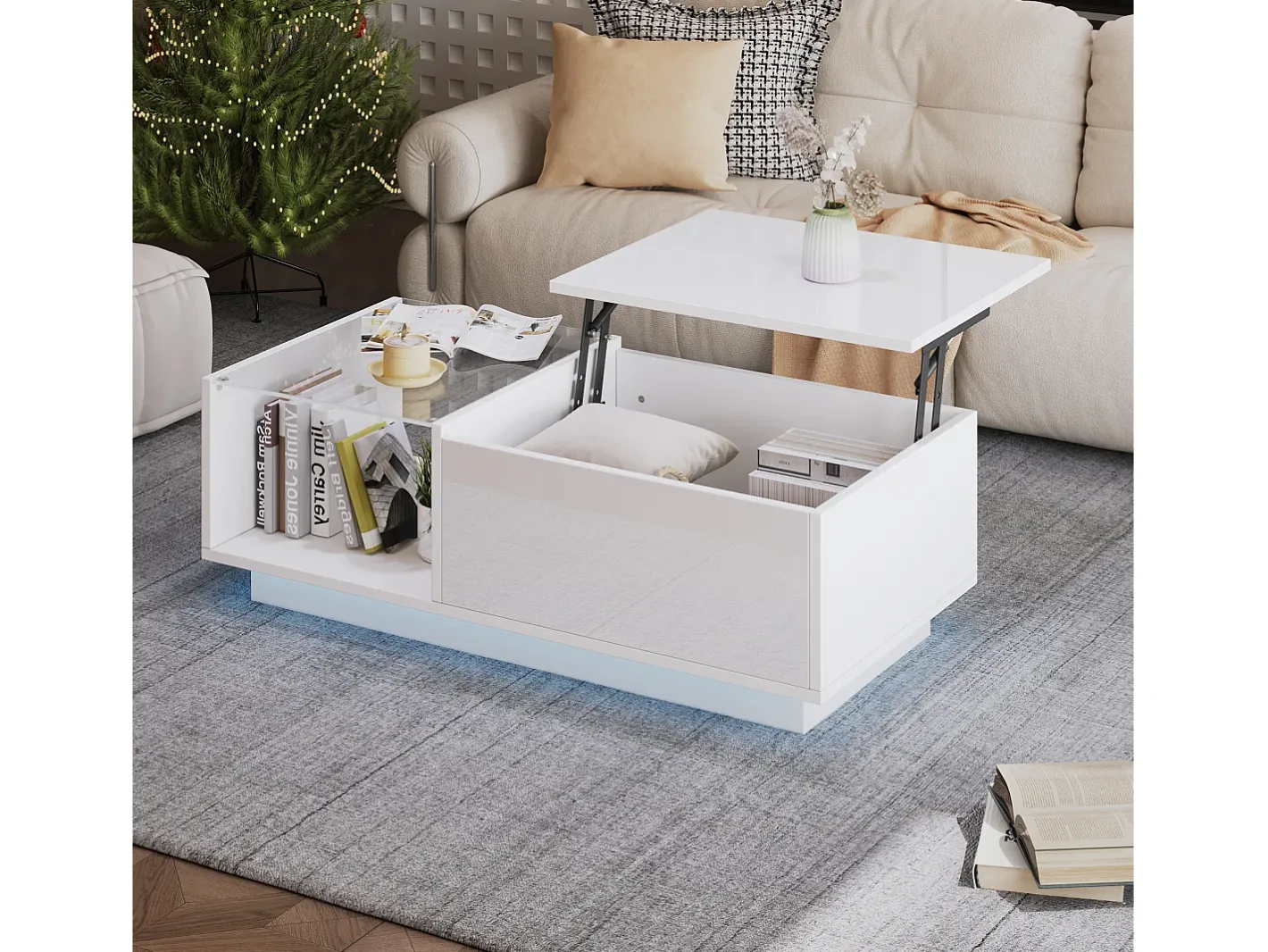 Mesa de centro alto brilho - altura ajustável - com armazenamento + prateleiras -^ModernLuxe Sale
