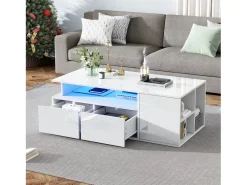 Mesa de centro alto brilho 100×50×35 cm - com iluminação LED - 2 gavetas - 3 compartimentos -^ModernLuxe Sale