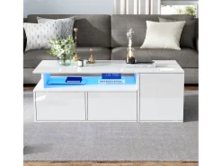 Mesa de centro alto brilho 100×50×35 cm - com iluminação LED - 2 gavetas - 3 compartimentos -^ModernLuxe Sale