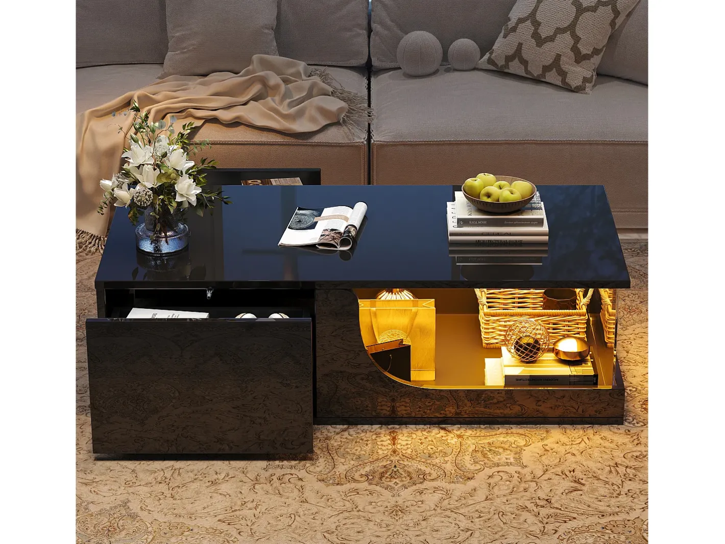 Mesa de centro alto brilho 100x50x30 cm - com 2 gavetas - com iluminação LED - vidro temperado - MDF -^ModernLuxe