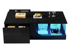 Mesa de centro alto brilho 100x50x30 cm - com 2 gavetas - com iluminação LED - vidro temperado - MDF -^ModernLuxe