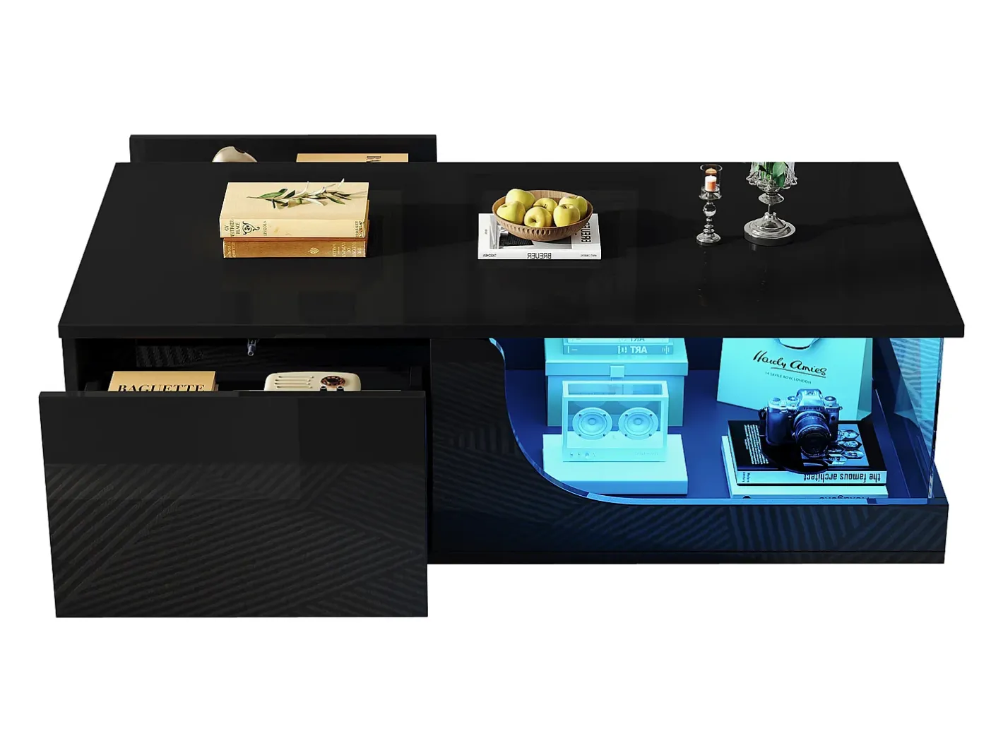 Mesa de centro alto brilho 100x50x30 cm - com 2 gavetas - com iluminação LED - vidro temperado - MDF -^ModernLuxe