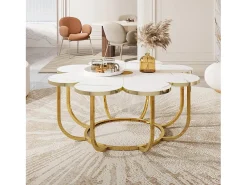 Tribesigns Mesa De Centro*Mesa de centro branca e dourada, mesa de centro moderna em forma de flor de 100 cm com tampo em mármore falso, mesa central com detalhes florais e estrutura metálica para sala de estar, quarto Branco