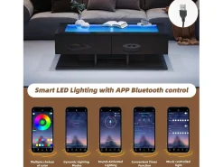 Sale Mesa de centro brilhante 100×50×35 cm - 2 gavetas - com iluminação LED - tampo de vidro - painel de partículas - Mesa De Centro