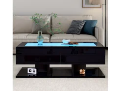 Sale Mesa de centro brilhante 100×50×35 cm - 2 gavetas - com iluminação LED - tampo de vidro - painel de partículas - Mesa De Centro