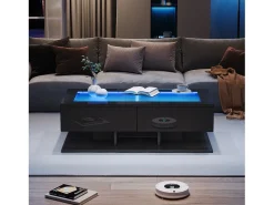 Sale Mesa de centro brilhante 100×50×35 cm - 2 gavetas - com iluminação LED - tampo de vidro - painel de partículas - Mesa De Centro