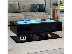 Sale Mesa de centro brilhante 100×50×35 cm - 2 gavetas - com iluminação LED - tampo de vidro - painel de partículas - Mesa De Centro