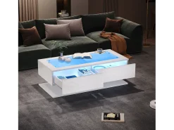 Mesa de centro brilhante 100×50×35 cm - 2 gavetas - com iluminação LED - tampo de vidro - painel de partículas -*ModernLuxe Discount