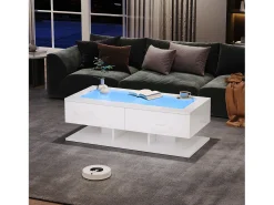 Mesa de centro brilhante 100×50×35 cm - 2 gavetas - com iluminação LED - tampo de vidro - painel de partículas -*ModernLuxe Discount