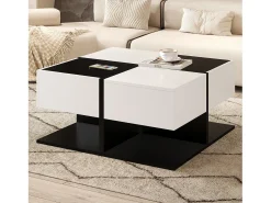 Mesa de centro brilhante 70×70×35,5 cm - quadrada - com 2 gavetas - painel de partículas - preto e branco*ModernLuxe