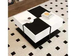Mesa de centro brilhante 70×70×35,5 cm - quadrada - com 2 gavetas - painel de partículas - preto e branco*ModernLuxe
