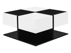Mesa de centro brilhante 70×70×35,5 cm - quadrada - com 2 gavetas - painel de partículas - preto e branco*ModernLuxe