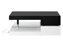 Clearance Mesa de centro brilhante 90×45×35,5 cm - com iluminação LED - prateleira de vidro - painel de partículas - preto + branco Mesa De Centro