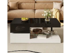 Clearance Mesa de centro brilhante 90×45×35,5 cm - com iluminação LED - prateleira de vidro - painel de partículas - preto + branco Mesa De Centro