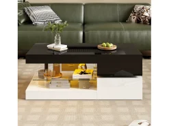 Clearance Mesa de centro brilhante 90×45×35,5 cm - com iluminação LED - prateleira de vidro - painel de partículas - preto + branco Mesa De Centro