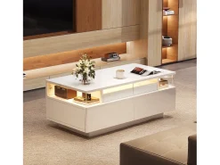 Mesa de centro brilhante 90×45×35,5 cm - 2 gavetas - com iluminação LED - com vidro temperado -^ModernLuxe Discount