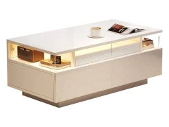 Mesa de centro brilhante 90×45×35,5 cm - 2 gavetas - com iluminação LED - com vidro temperado -^ModernLuxe Discount