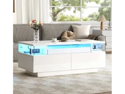 Mesa de centro brilhante 90×45×35,5 cm - 2 gavetas - com iluminação LED - com vidro temperado -^ModernLuxe Discount