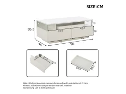 Mesa de centro brilhante 90×45×35,5 cm - 2 gavetas - com iluminação LED - com vidro temperado -^ModernLuxe Discount