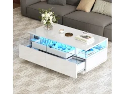 Mesa de centro brilhante 90×45×35,5 cm - 2 gavetas - com iluminação LED - com vidro temperado -^ModernLuxe Discount