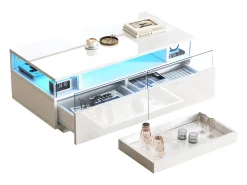 Mesa de centro brilhante 90×45×35,5 cm - 2 gavetas - com iluminação LED - com vidro temperado -^ModernLuxe Discount