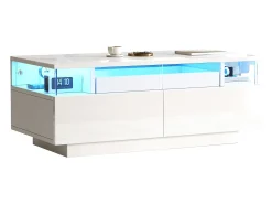 Mesa de centro brilhante 90×45×35,5 cm - 2 gavetas - com iluminação LED - com vidro temperado -^ModernLuxe Discount