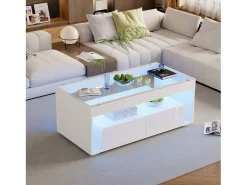 Hot Mesa de centro brilhante 100x50x40 cm - com 2 gavetas - com iluminação LED - Tampos de vidro - Mesa De Centro
