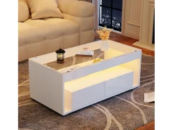 Hot Mesa de centro brilhante 100x50x40 cm - com 2 gavetas - com iluminação LED - Tampos de vidro - Mesa De Centro