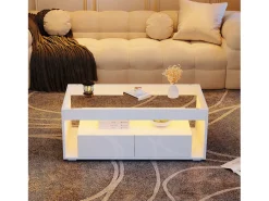 Hot Mesa de centro brilhante 100x50x40 cm - com 2 gavetas - com iluminação LED - Tampos de vidro - Mesa De Centro