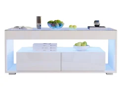Hot Mesa de centro brilhante 100x50x40 cm - com 2 gavetas - com iluminação LED - Tampos de vidro - Mesa De Centro