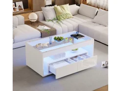 Hot Mesa de centro brilhante 100x50x40 cm - com 2 gavetas - com iluminação LED - Tampos de vidro - Mesa De Centro
