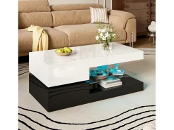 Mesa de centro brilhante 90×45×35,5 cm - com iluminação LED - prateleira de vidro - painel de partículas - branco + preto Mesa De Centro