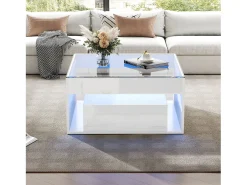 Hot Mesa de centro brilhante 70x70x35 cm - Com iluminação LED - 1 gaveta - Prateleira aberta - Tampos de vidro temperado - MDF - Mesa De Centro