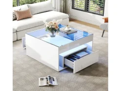Hot Mesa de centro brilhante 70x70x35 cm - Com iluminação LED - 1 gaveta - Prateleira aberta - Tampos de vidro temperado - MDF - Mesa De Centro