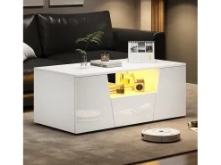 Clearance Mesa de centro brilhante 100×50×40 cm - com iluminação LED - 2 portas e 1 gaveta - Mesa De Centro