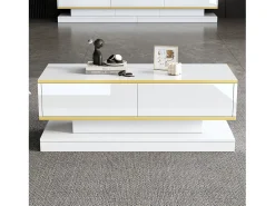 Hot Mesa de centro brilhante 100×50×38 cm - 2 gavetas - acabamento dourado - painel de partículas - Mesa De Centro