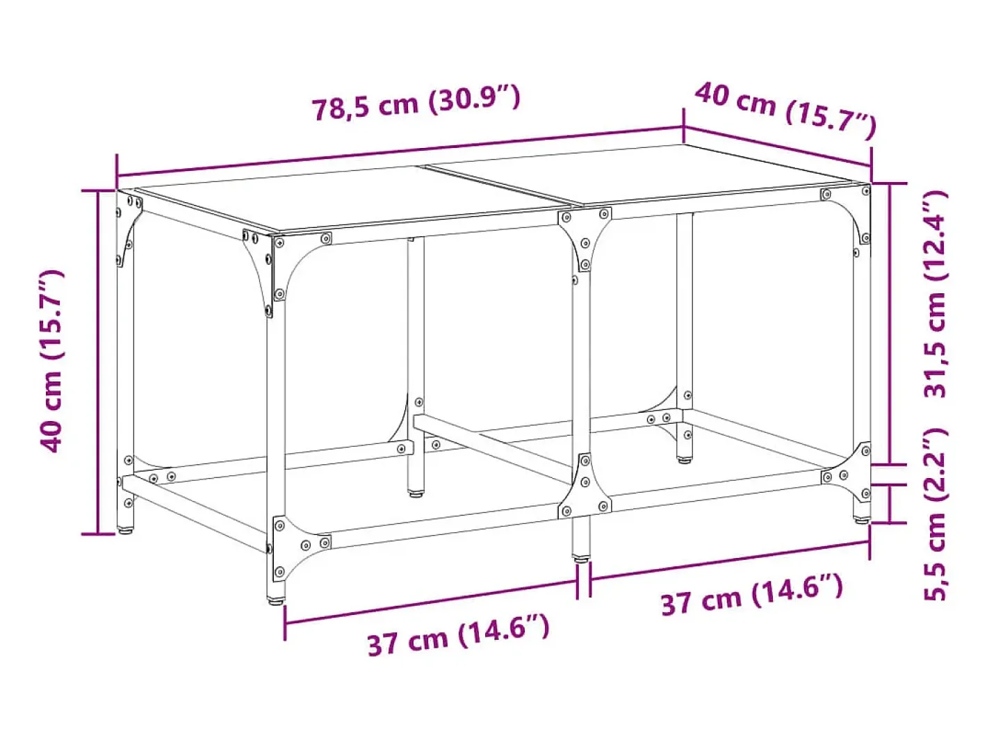 Hot Mesa de centro c/ topo em vidro 78,5x40x40 cm aço Mesa De Centro