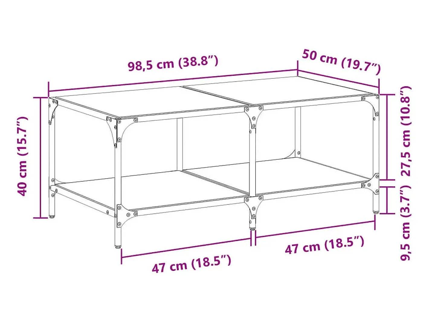 Hot Mesa de centro c/ topo em vidro 98,5x50x40 cm aço Mesa De Centro