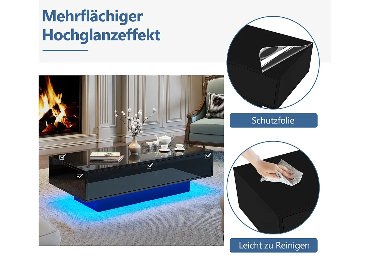 Best Mesa de centro com 2 gavetas - 115 x 55 x 34 cm - LEDs - Aglomerado - brilhante Mesa De Centro