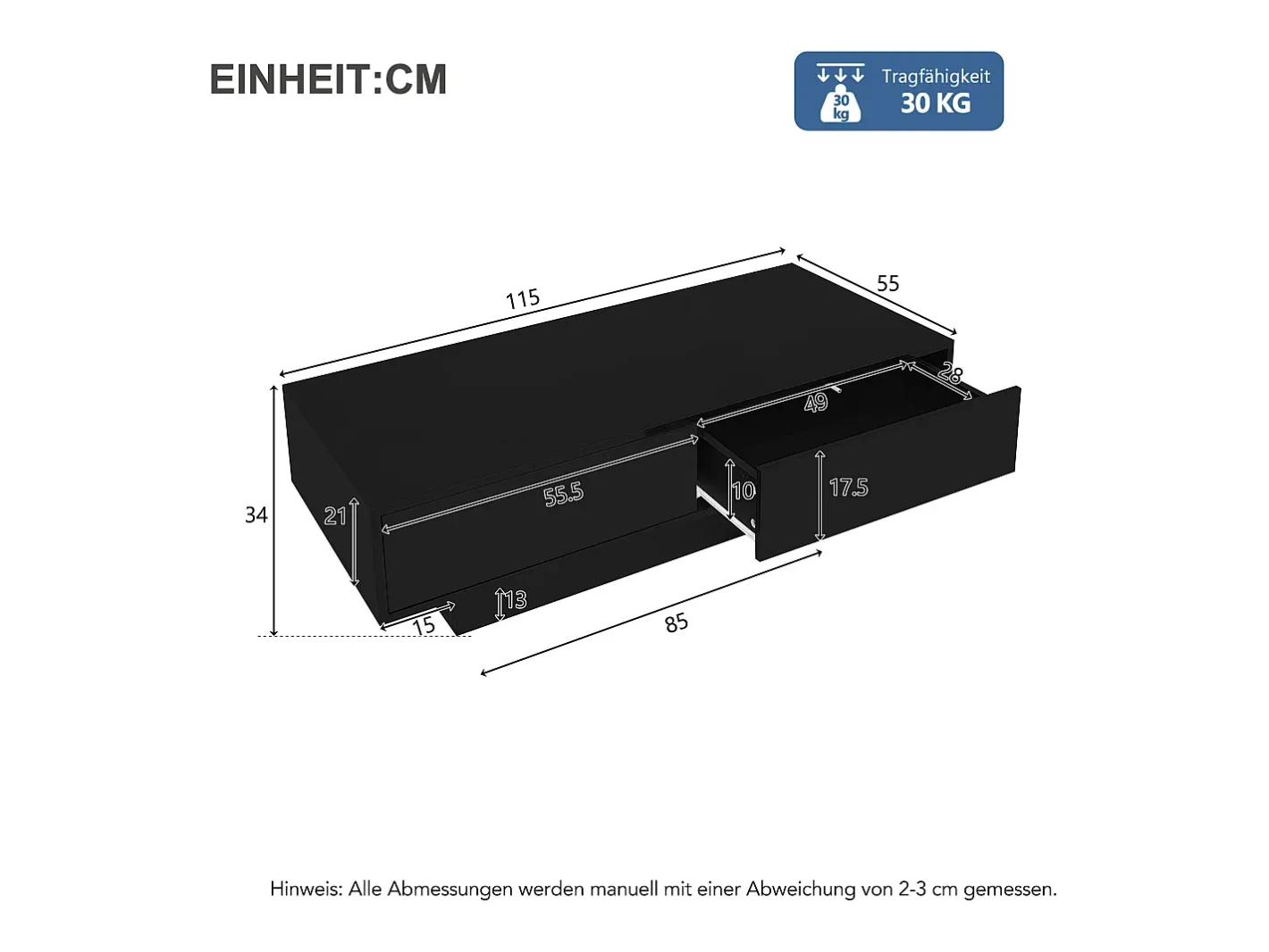 Best Mesa de centro com 2 gavetas - 115 x 55 x 34 cm - LEDs - Aglomerado - brilhante Mesa De Centro