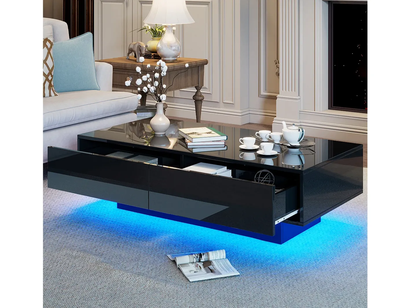 Best Mesa de centro com 2 gavetas - 115 x 55 x 34 cm - LEDs - Aglomerado - brilhante Mesa De Centro