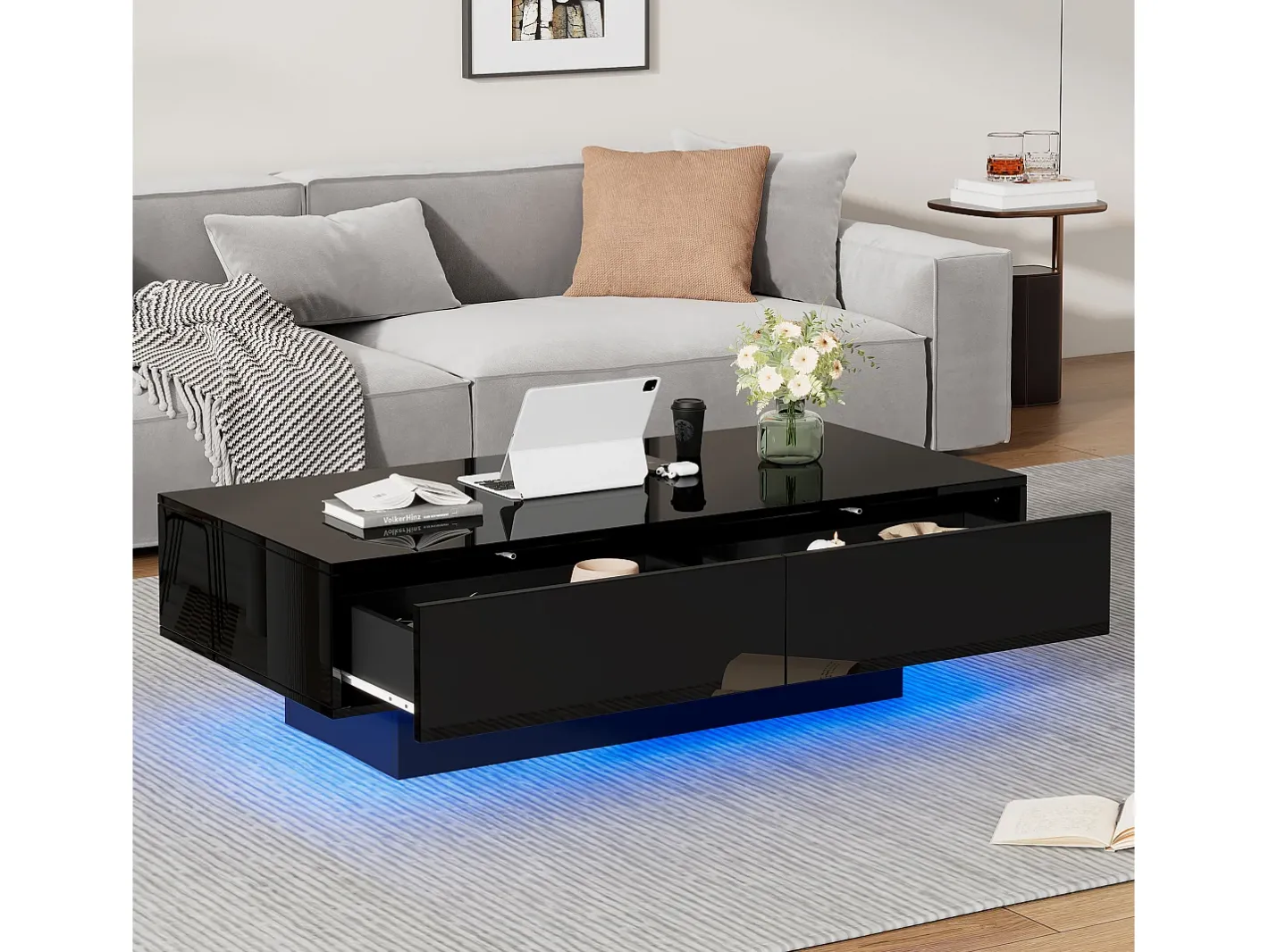 Best Mesa de centro com 2 gavetas - 115 x 55 x 34 cm - LEDs - Aglomerado - brilhante Mesa De Centro