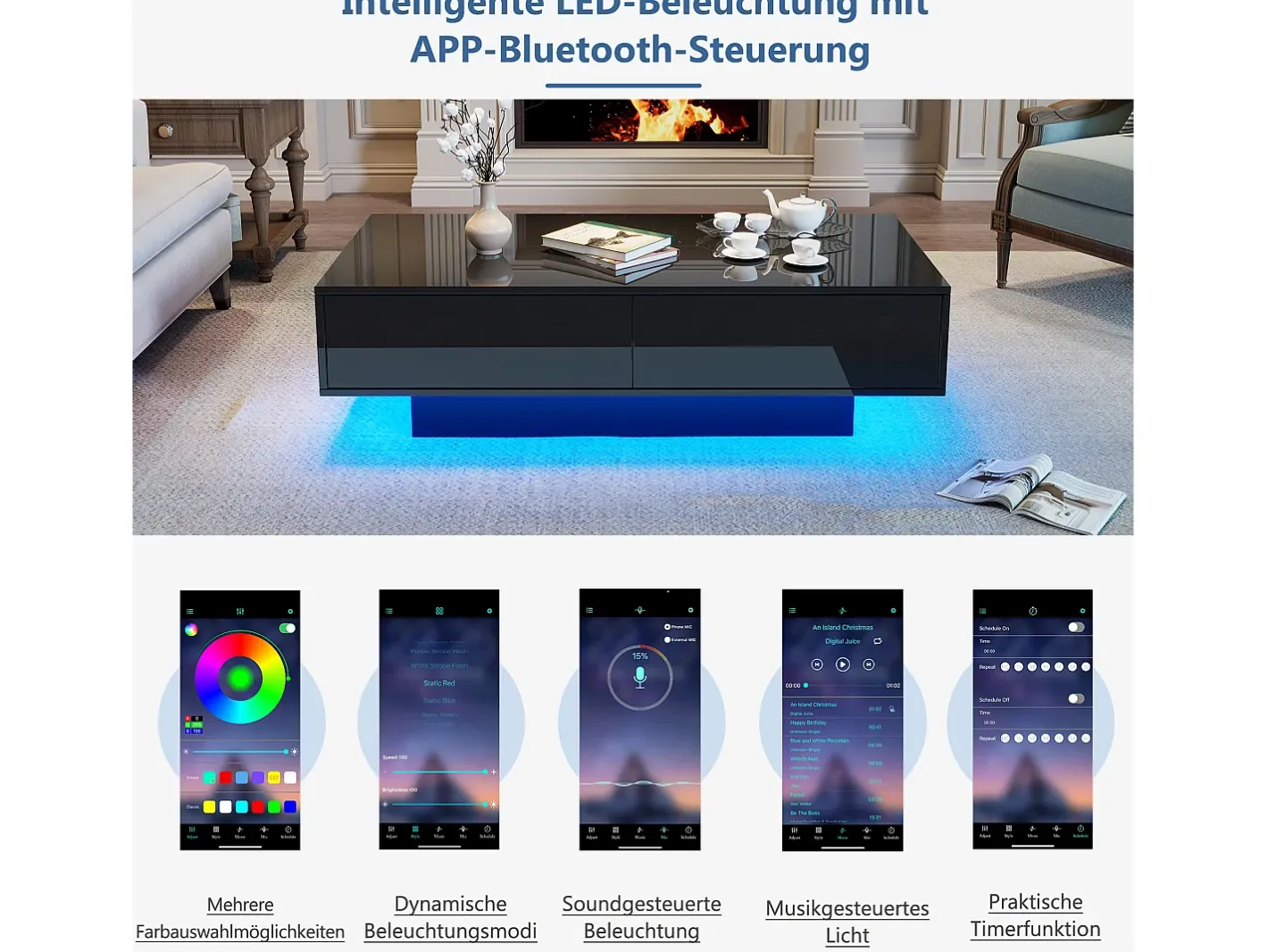 Best Mesa de centro com 2 gavetas - 115 x 55 x 34 cm - LEDs - Aglomerado - brilhante Mesa De Centro