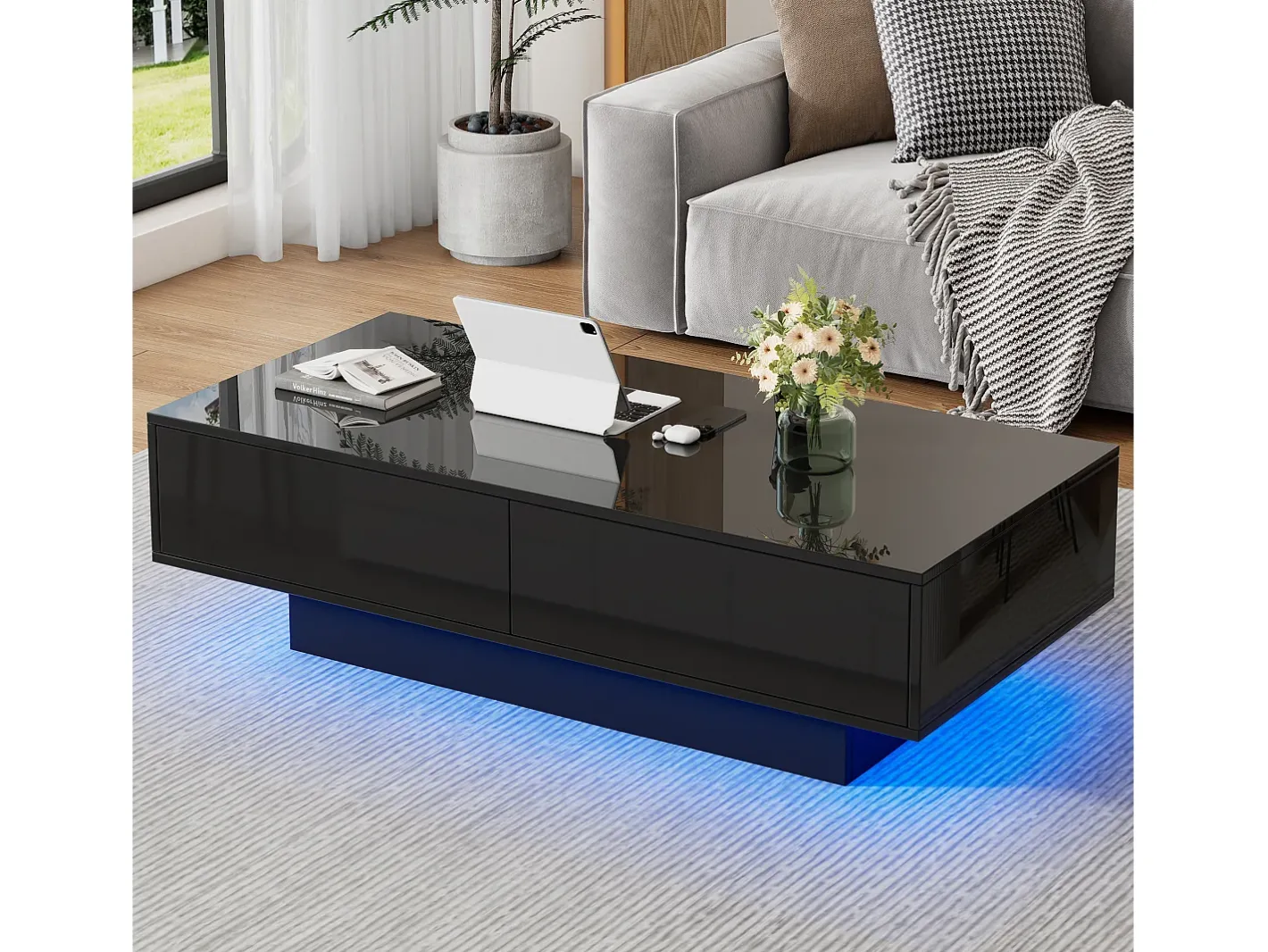 Best Mesa de centro com 2 gavetas - 115 x 55 x 34 cm - LEDs - Aglomerado - brilhante Mesa De Centro
