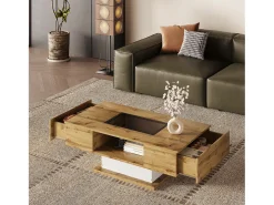 Best Mesa de centro com 2 gavetas e compartimento - 110,2 x 60 x 39,7 cm - LEDs - Madeira MDF - Natural Mesa De Centro