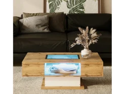 Best Mesa de centro com 2 gavetas e compartimento - 110,2 x 60 x 39,7 cm - LEDs - Madeira MDF - Natural Mesa De Centro